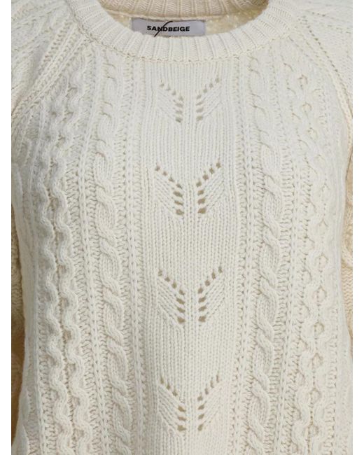 Sandbeige White Cable Knit Crew Neck Long Sleeve Sweater