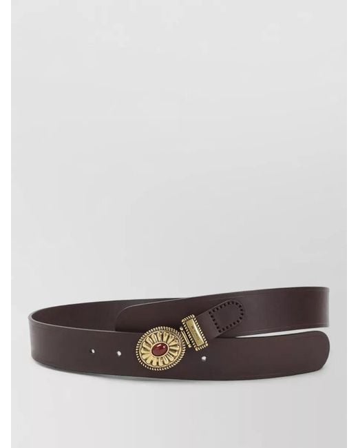Etro Gray Leather Belt Floral Buckle Cabochon Detail