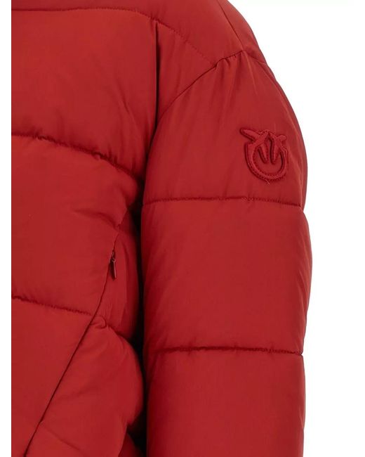 Pinko Red Down Jacket Hood High Collar Long Sleeves