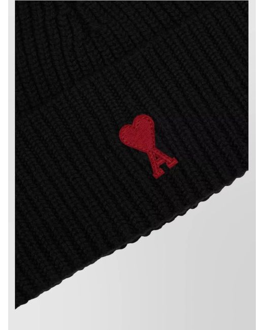 AMI Black Wool Beanie With Ribbed Knit Design for men