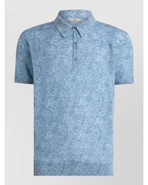 Etro Blue Knitted Polo Shirt Short Sleeves Floral for men