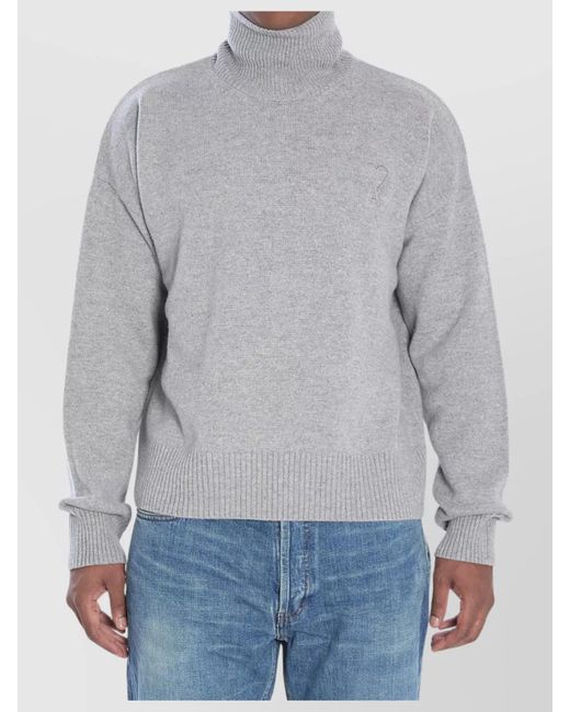 AMI Gray Wool Blend High-Neck Sweater With Ribbed Cuffs for men