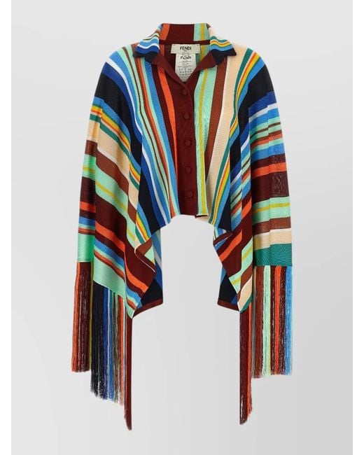 Fendi Blue Striped Poncho Fringes Detail Round Collar