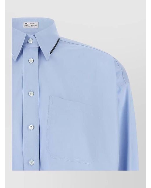 Brunello Cucinelli Blue Monile Trim Cotton Cropped Shirt