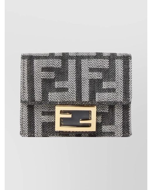 Fendi Gray Denim Logo-Jacquard Micro Trifold Wallet