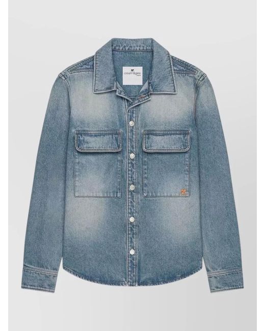 Courreges Blue Classic Button-Up Denim Shirt With Flap Pockets for men