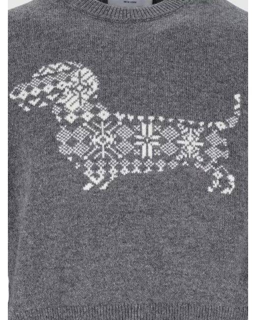 Thom Browne Gray Dog Motif Crew Neck Knit Sweater for men