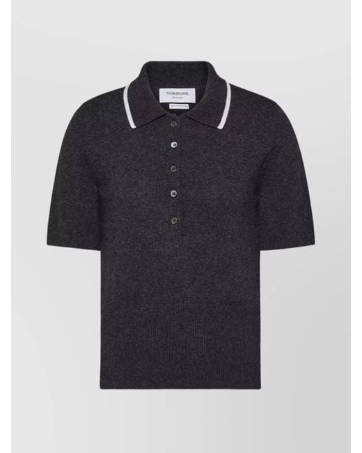 Thom Browne Women's Black Cashmere Short Sleeve Polo With Ribbed Hem