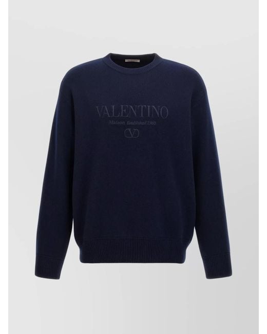 Valentino Garavani Blue Virgin Wool Embroidered Logo Crewneck Sweater for men