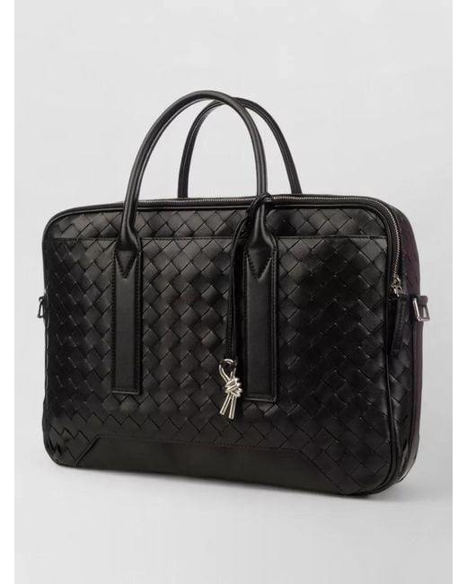 Bottega Veneta Black Rectangular Briefcase Woven Texture Dual Handles Strap for men