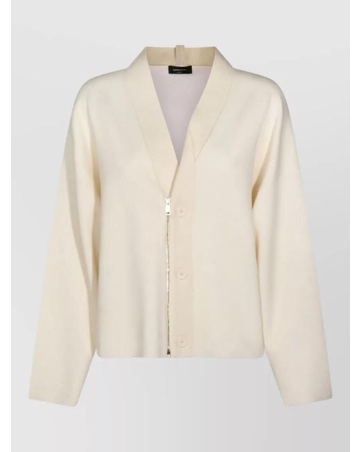 Fabiana Filippi Natural Crewneck Knit Long Sleeves Ribbed Buttons Collar