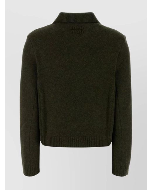 Miu Miu Green Wool Cardigan With Collared Design And Pockets