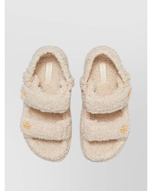 Tory Burch Natural Faux Shearling Double Strap Platform Sandals