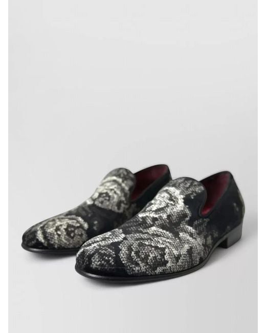 Dolce & Gabbana Black Floral Velvet Slippers Loafers Shoes for men