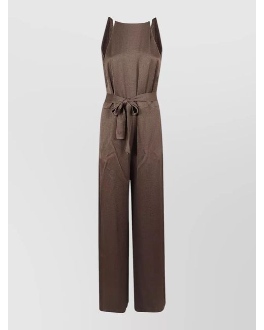 Peserico Brown Fluid Satin Jumpsuit Sleeveless Belted Wide Leg