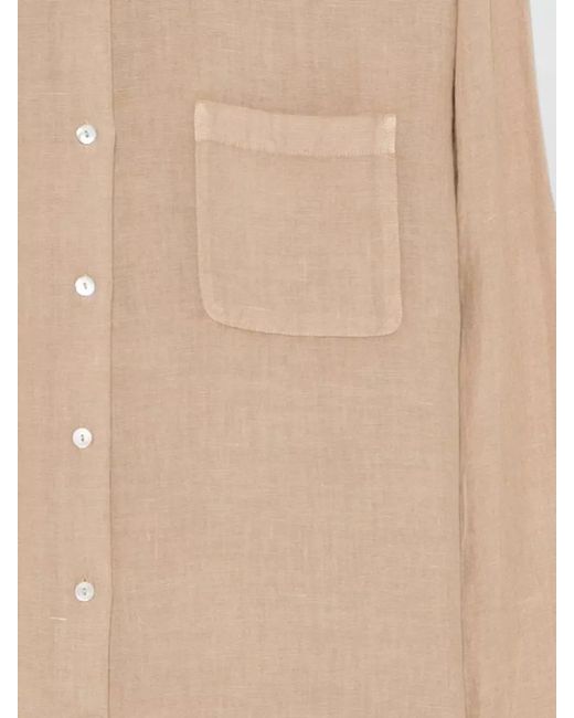 120% Lino Natural Linen Shirt Long Sleeves Chest Pocket Collar