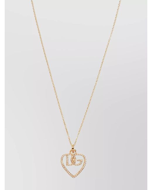 Dolce & Gabbana White Crystal-Embellished Heart Logo Pendant Necklace