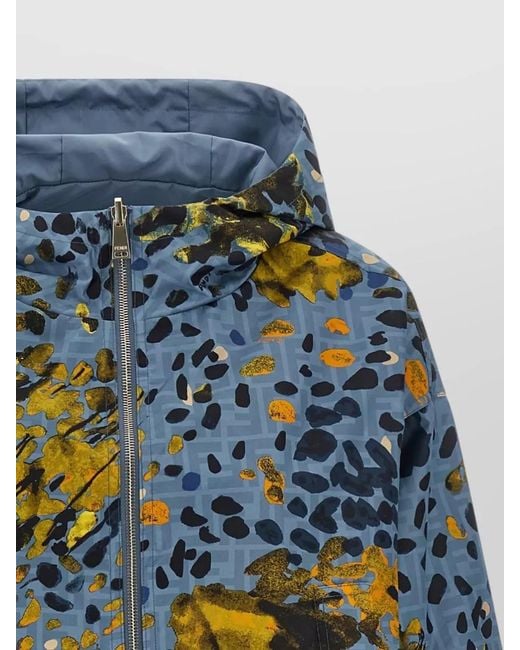 Fendi Blue Cropped Hooded Jacket Reversible All Over Print