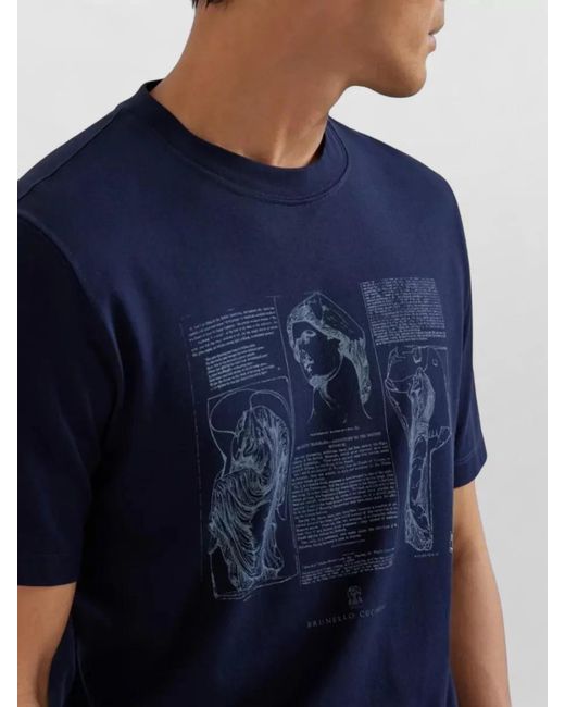 Brunello Cucinelli Blue Cotton Regular-Fit Graphic-Print Crew-Neck T-Shirt for men