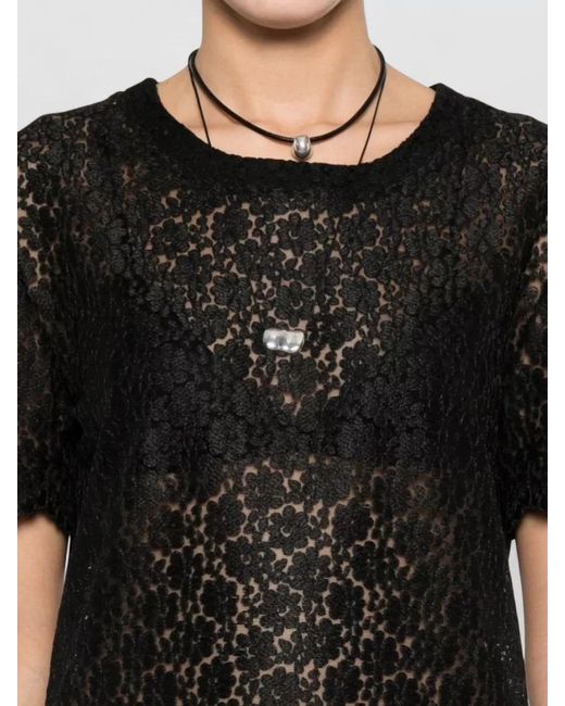 Ermanno Scervino Black Embroidered Lace Trim Short-Sleeve Top