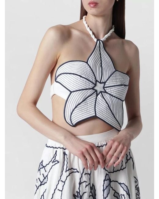 Farm Rio White Halter Neck Cut Out Floral Embroidered Dress