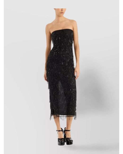 ROTATE BIRGER CHRISTENSEN Black Strapless Midi Dress Sequin Fringe