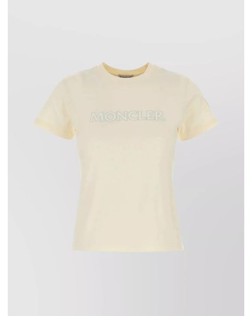 Moncler White Cotton Ribbed Crew Neck Crystal Embellished Logo Patch Short Sleeve T-Shirt