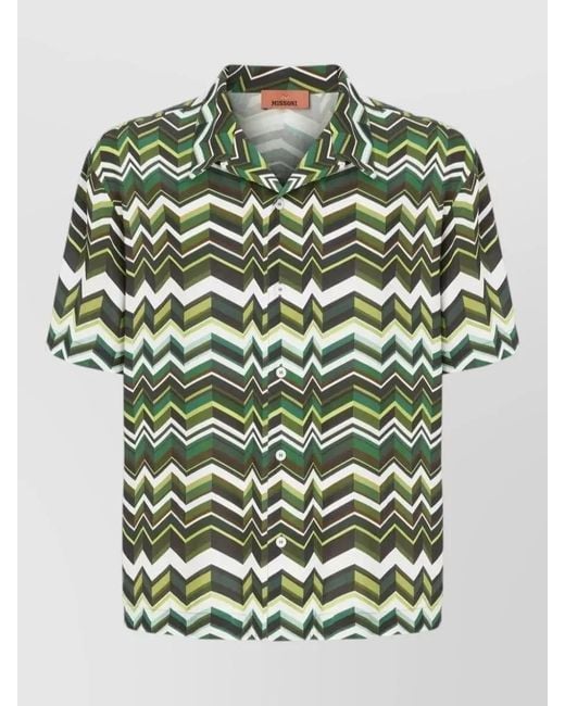 Missoni Green Camp Collar Shirt Chevron Zigzag Pattern for men
