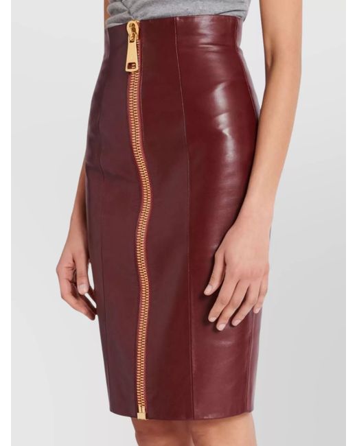Balmain Purple Leather High-Rise Knee-Length Pencil Skirt