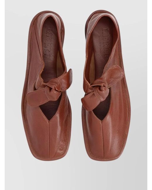 Hereu Brown Leather Bow Loafers Flat Sole Round Toe