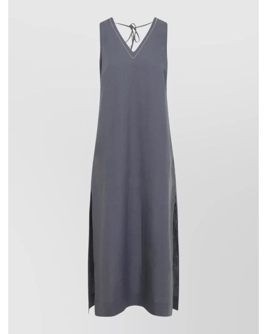 Peserico Blue Linen Dress V Neckline Back Tie