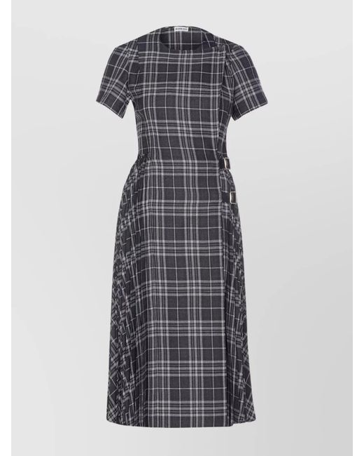 Burberry Gray Wool Blend Checked Short-Sleeve Midi Dress