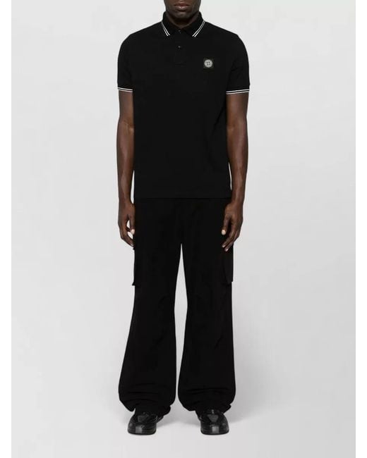 Stone Island Black Shirt Polo Collar Ribbed Cuffs Short Sleeves for men