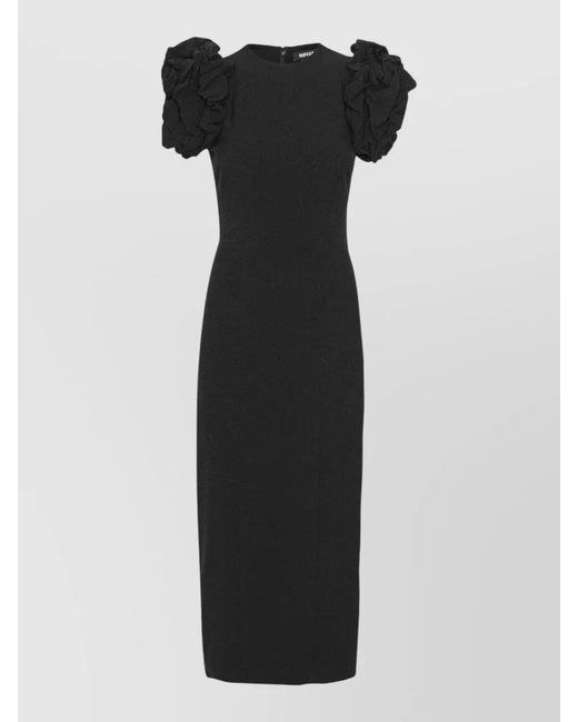 ROTATE BIRGER CHRISTENSEN Black Crepe Midi Dress Fitted Silhouette Ruffled Sleeves