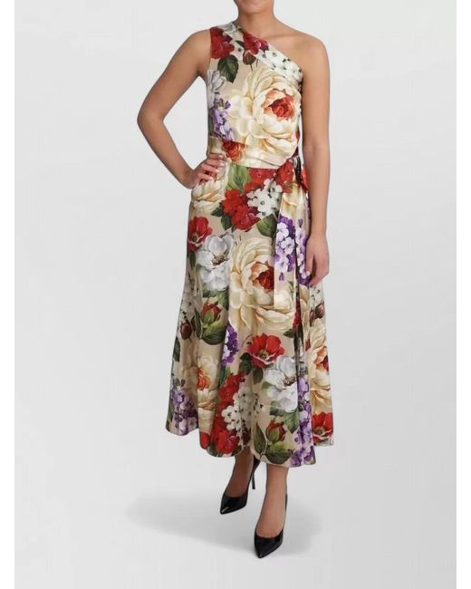 Dolce & Gabbana White Silk One-Shoulder Floral-Print Maxi Dress
