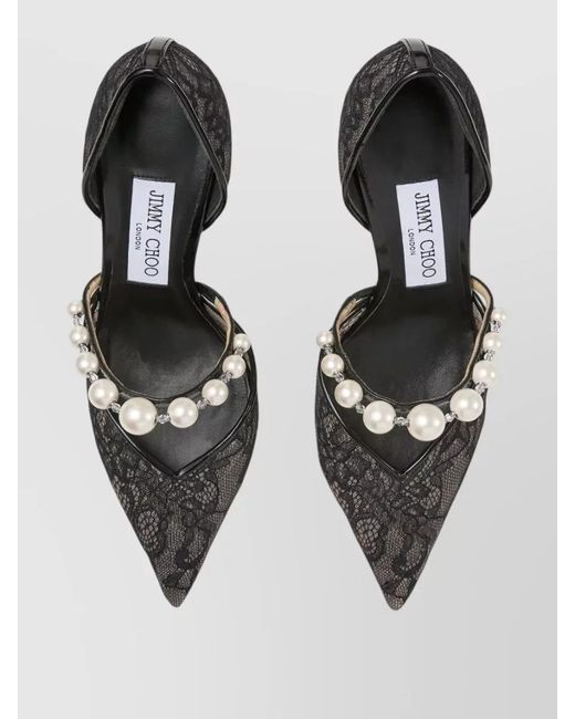 Jimmy Choo Black Lace Pearl Embellished Pointed-Toe Leather Pumps