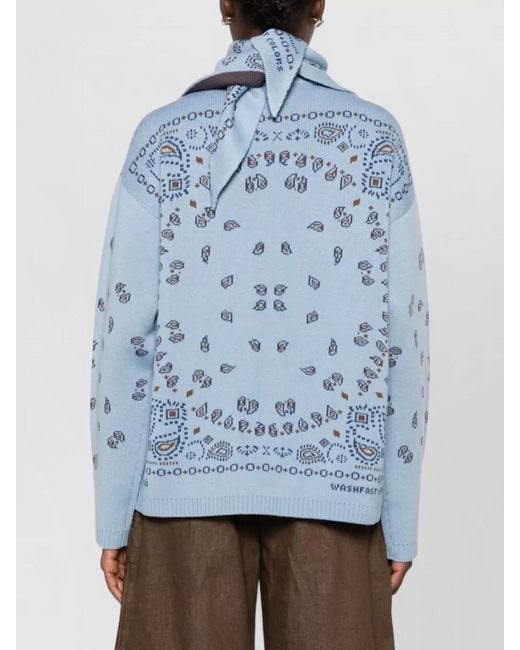 Alanui Blue Turtleneck Top Scarf Detail Long Sleeves