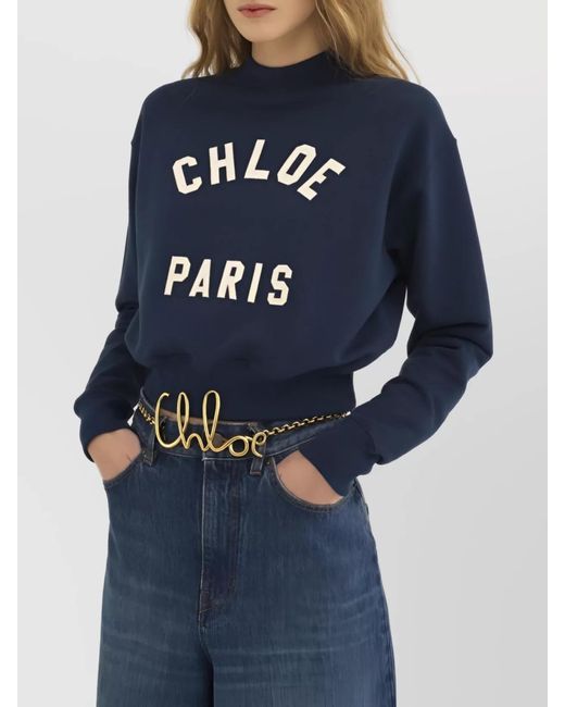 Chloé Blue Cotton Mock-Neck Cropped Sweatshirt