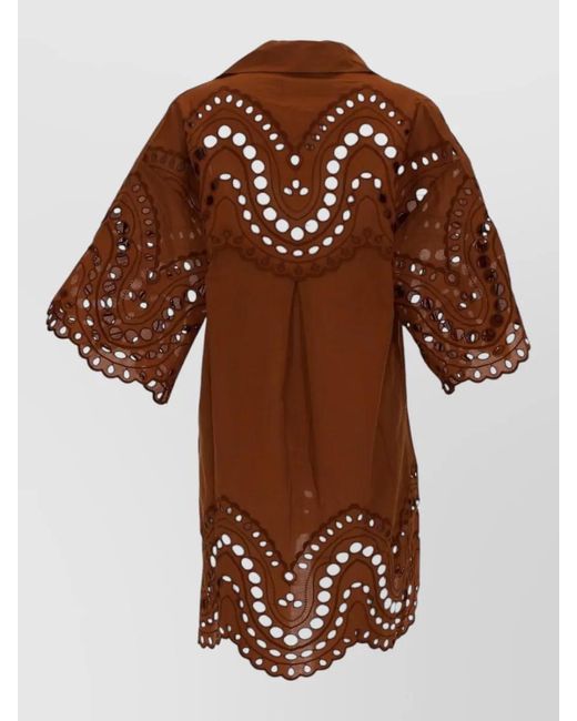 Charo Ruiz Brown Tao Dress Eyelet Detailing Scalloped Edges