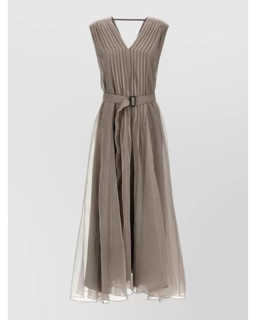 Brunello Cucinelli Multicolor Silk Sleeveless V-Neck Pleated Maxi Dress