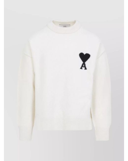 AMI White Ribbed Crewneck Sweater With Cuffs And Hem for men