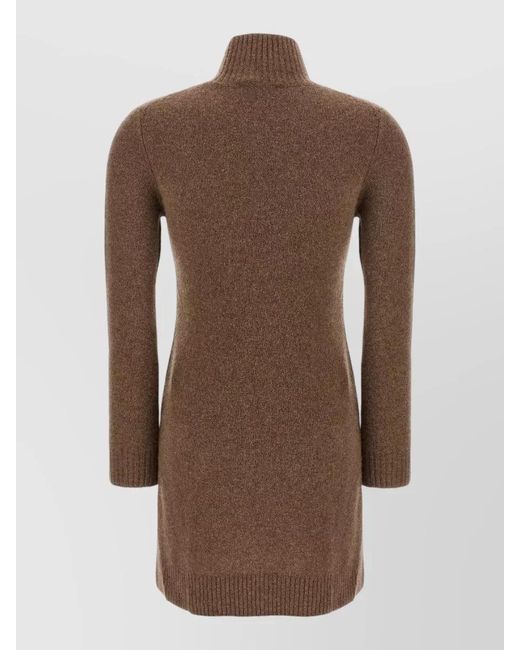 Max Mara Brown Cashmere Ribbed High-Neck Long-Sleeve Mini Dress