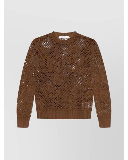 Max Mara Brown Crochet Knitwear With Ribbed Crewneck And Hem