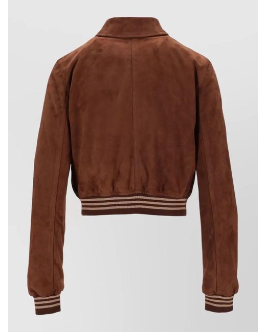 LA ROSE Brown Suede Leather Jacket Collar Pockets Ribbed Trim