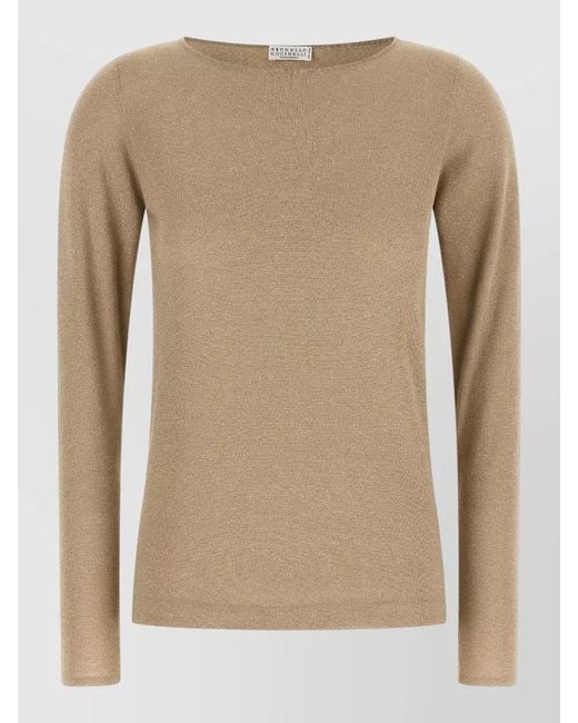 Brunello Cucinelli Natural Sparkling Boat Neck Cashmere Silk Sweater