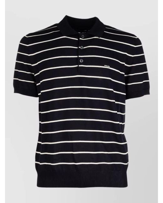 Prada Black Striped Polo Shirt Short Sleeves Ribbed Cuffs for men