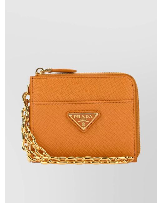Prada Orange Leather Wallet With Chain Strap And-Tone Hardware