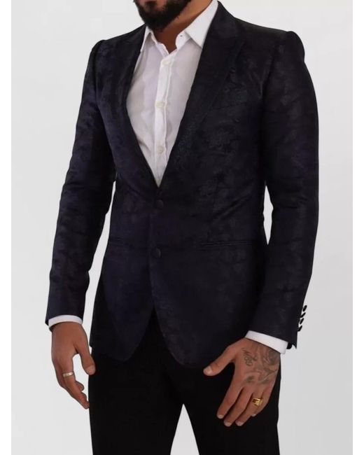 Dolce & Gabbana Blue Silk Floral-Jacquard Single-Breasted Blazer for men