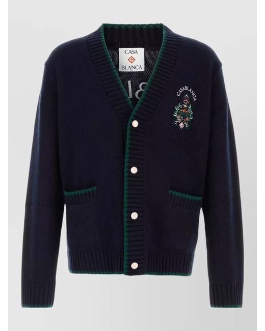 Casablanca Blue Wool Blend Cardigan Embroidered Contrast Trim Pockets for men