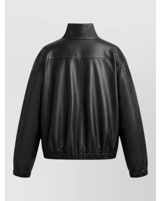 Saint Laurent Black Leather Bomber Jacket Stand Collar Patch Pockets for men